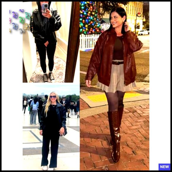 Oversized Faux Leather Bomber Jacket Y2K Chic Boyfriend Style Zip Up Moto - Picture 4 of 7